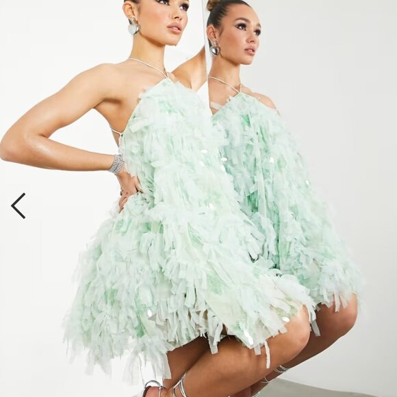 ASOS EDITION backless mini dress in textured mesh in soft green - Picture 4 of 4